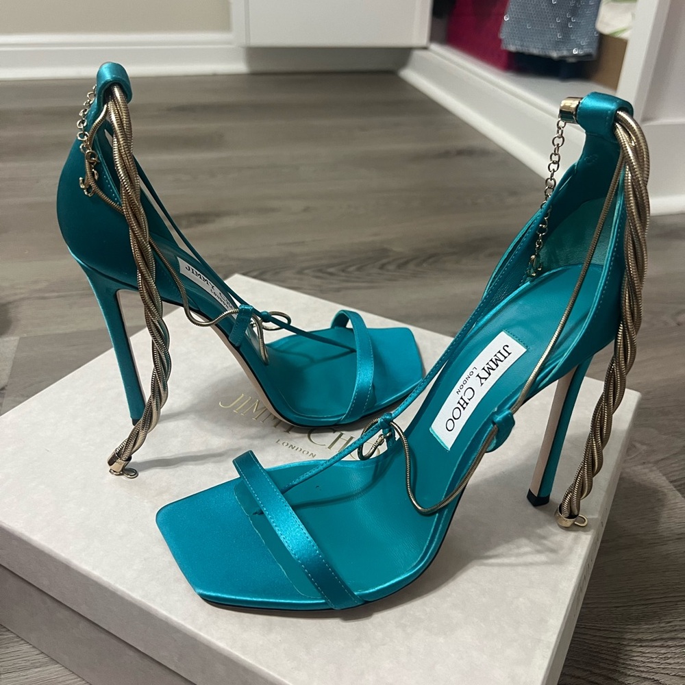 JIMMY CHOO Oriana 110 leather sandals turquoise blue